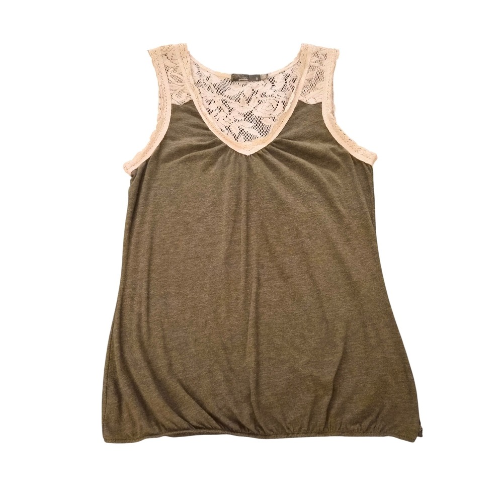 Prana Breathe Tank Top Womens Small Olive Green Lace Trim V-Neck Bubble Hem